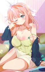 1girl absurdres arm_support bare_shoulders bed blue_jacket blush bow bow_hairband breasts camisole cleavage closed_mouth collarbone commission elf floral_print green_eyes hair_between_eyes hairband hand_up highres indoors jacket large_breasts lens_flare long_hair looking_at_viewer off_shoulder on_bed one_eye_closed open_clothes original pillow pink_hair pointy_ears rubbing_eyes shiny_skin shiro9jira shorts sitting skeb_commission sleepwear sleepy solo strap_slip sunlight thighs waking_up white_hairband white_shorts
