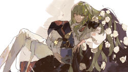 Rule 34 | 1other, androgynous, enkidu (fgo fes. 2025) (fate), fate/grand order, fate (series), feet out of frame, flower, flower pot, green eyes, green hair, hair between eyes, highres, holding, holding flower pot, long hair, long sleeves, milabo (xinjinjumin945966756680), other focus, plant, potted plant, shirt, sitting, smile, solo, white shirt