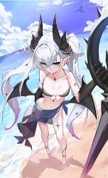 1girl absurdres aoria bare_shoulders barefoot beach bikini black_bikini black_horns black_skin black_wings blue_sky breasts cloud cloudy_sky collarbone colored_skin demon_girl demon_horns ear_piercing fate/grand_order fate_(series) from_above full_body gradient_hair green_eyes hair_between_eyes hashtag-only_commentary highres holding holding_weapon horns lilith_(fate) lilith_(second_ascension)_(fate) long_hair looking_at_viewer multicolored_hair navel ocean piercing pink_hair sky small_breasts solo stomach swimsuit tattoo tattoo_between_breasts towel towel_around_waist twintails very_long_hair water water_drop weapon white_hair wings