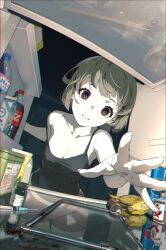 1girl banana bare_arms bare_shoulders black_camisole black_eyes blood blood_splatter bottle breasts brown_hair camisole can cleavage closed_mouth coca-cola collarbone colored_skin commentary_request cowboy_shot drink_can food foreshortening fruit highres indoors looking_at_viewer medium_breasts muted_color outstretched_arm outstretched_hand pepsi reaching reaching_towards_viewer refrigerator_interior saw seuhyo99 shelf short_hair soda_can solo spaghetti_strap standing strap_slip syringe water_bottle white_skin