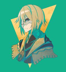 1boy aroha_j green_background highres jewelry king_of_resurrection_toma looking_at_viewer mask medium_hair necklace pixiv_fantasia pixiv_fantasia_fallen_kings red_eyes simple_background solo upper_body