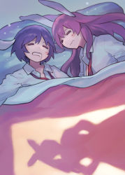 2girls ainy animal_ears bad_id bad_pixiv_id blanket blush rabbit_ears closed_eyes long_hair long_sleeves lying multiple_girls necktie on_back on_bed on_side purple_hair reisen reisen_udongein_inaba shade shirt short_hair silhouette sleeping touhou watatsuki_no_yorihime