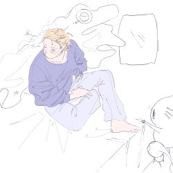Rule 34 | 1boy, alternate costume, barefoot, blanket, blonde hair, blue shirt, bowl, casual, closed eyes, closed mouth, collarbone, feet, flat color, full body, grey pants, hand on own stomach, height difference, highres, humanization, hungry, leaf, long sleeves, louie (pikmin), male focus, messy hair, nintendo, no mouth, on bed, pants, partially colored, pikmin (creature), pikmin (series), pillow, pointy ears, pointy nose, puffy long sleeves, puffy sleeves, purple pikmin, rice bowl, shirt, short hair, sitting, sleepy, solid circle eyes, speech bubble, spoken food, squeans, standing, sweatpants, thought bubble, toes, very short hair, white pikmin, yu pikmin