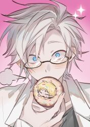 Rule 34 | 2boys, atou haruki, black-framed eyewear, blonde hair, blue eyes, blush, closed eyes, commentary request, constricted pupils, donut, food, glasses, grey shirt, highres, holding, holding food, in food, jacket, kanou aogu, long sleeves, male focus, mini person, miniboy, multiple boys, open mouth, pink background, saibou shinkyoku, semi-rimless eyewear, shirt, short hair, sparkle, sprinkles, sweat, trust98288, white hair, white jacket