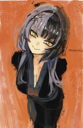 1girl absurdres alternate_costume arms_behind_back black_dress black_hair breasts cleavage closed_mouth dress grey_hair highres hololive hololive_english kozimo123456 large_breasts long_hair looking_at_viewer multicolored_hair orange_background shiori_novella smile solo split-color_hair twitter_username two-tone_hair virtual_youtuber yellow_eyes
