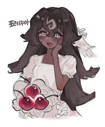 1girl black_forest_cookie bridal_veil brown_hair cookie_run cookie_run:_kingdom cross-shaped_pupils dark-skinned_female dark_skin dress ektlgoqhwl food hair_between_eyes hair_intakes highres korean_text long_hair looking_ahead puffy_short_sleeves puffy_sleeves short_sleeves solo symbol-shaped_pupils translation_request veil wedding_dress white_dress white_eyes