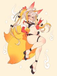 1girl ahoge animal_ear_fluff animal_ears bikini black_bikini black_shoes blush breasts brown_eyes brown_hair elbow_gloves fox_ears fox_girl fox_shadow_puppet fox_tail frilled_bikini frills gloves hand_on_own_hip highres leg_up legs long_hair multiple_tails navel open_mouth original red_gloves shoes smile solo stomach swimsuit tail thigh_strap thighs toconikky twintails