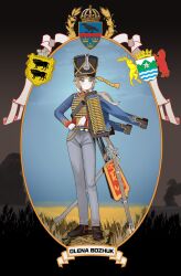 1girl absurdres aiguillette bad_tag blonde_hair blue_eyes capelet commentary commission empire_of_austria english_commentary freckles full_body gulyas gun hat highres historical_connection hussar imperial_austrian_army jacket looking_to_the_side military military_hat military_jacket military_uniform musket olena_bozhuk original outdoors pelisse soldier ukraine ukrainian_flag weapon