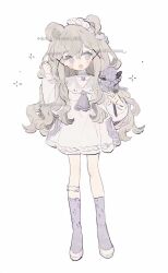 1girl :d animal_ears bear_ears blush bow brown_hair choker dress frills full_body hair_between_eyes hair_ornament highres holding long_hair long_sleeves looking_at_viewer memuro open_mouth original purple_eyes smile socks solo sparkle standing star_(symbol) twitter_username watermark white_background x_hair_ornament