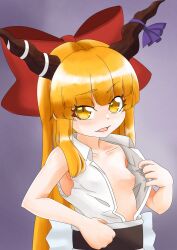 1girl blonde_hair blunt_bangs blush bow breasts brown_horns flashing hair_bow highres horn_bow horn_ornament horns ibuki_suika kurohiba long_hair looking_at_viewer nipples no_bra open_clothes open_mouth open_shirt purple_background purple_bow red_bow shirt sidelocks sleeveless sleeveless_shirt small_breasts smile solo touhou upper_body white_shirt yellow_eyes