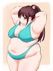1girl aqua_bikini armpits arms_behind_head aruru_(rnruru) bikini breasts brown_hair cleavage fat fat_woman hands_in_hair highleg highleg_bikini large_breasts long_hair navel original pink_eyes pink_nails ponytail solo standing swimsuit tying_hair
