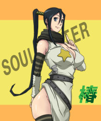 00s 1girl bad_id bad_pixiv_id black_hair blue_eyes breasts cleavage detached_sleeves female_focus large_breasts long_hair maaru nakatsukasa_tsubaki ninja ponytail scarf side_slit simple_background solo soul_eater striped thighhighs thighs