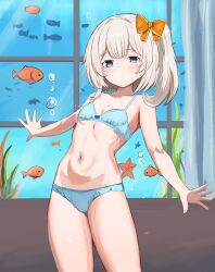 1girl belly blue_bra blue_eyes blue_panties blush blush_stickers bow bra breasts bubble closed_mouth commission fish flat_chest flygombal hair_bow hair_ribbon highres indoors looking_at_viewer marimari_(vtuber) navel panties phase_connect ribbon small_breasts solo standing thick_eyebrows thighs underwear underwear_only virtual_youtuber window