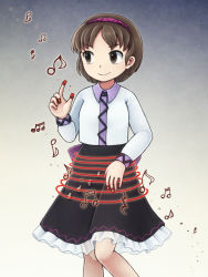 1girl beamed_semiquavers black_skirt brown_eyes brown_hair crotchet_rest female_focus frilled_skirt frills gradient_background grey_background hairband long_sleeves musical_note quaver shirt short_hair skirt smile solo musical_staff touhou tsukumo_yatsuhashi upper_body white_shirt ys_(fall)