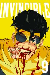 1boy b0nesjam black_hair blood blood_on_clothes blood_on_face blue_eyes broken_goggles cannibalism cape eating goggles highres invincible_(series) long_hair looking_at_viewer male_focus simple_background sinister_mark smile solo superhero_costume yellow_background yellow_cape