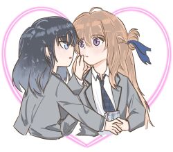 2girls banknote black_hair blazer blue_eyes blue_necktie blue_ribbon braid brown_hair collared_shirt commentary elephon grey_jacket hair_ribbon half_up_braid hand_on_another&#039;s_face heart highres holding holding_money jacket long_hair miyagi_shiori money multiple_girls necktie parted_lips purple_eyes ribbon sendai_hazuki shirt shuuniichido_classmate_wo_kau_hanashi white_shirt yuri
