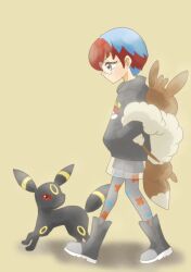 Rule 34 | 1girl, backpack, bag, blue hair, boots, colored sclera, gen 2 pokemon, glasses, grey eyes, hand in pocket, highres, hr67sh, long sleeves, looking down, multicolored hair, nintendo, pants, penny (pokemon), pokemon, pokemon (creature), pokemon sv, red eyes, red hair, red sclera, short hair, skirt, sweater, two-tone hair, umbreon, walking