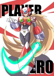 Rule 34 | 1boy, absurdres, armor, blonde hair, blue eyes, character name, chest jewel, energy sword, forehead jewel, full body, helmet, highres, holding, holding sword, holding weapon, long hair, male focus, mega man (series), mega man x (series), meshiuma0x, red armor, red helmet, sharp teeth, solo, sword, teeth, twitter username, weapon, z saber, zero (mega man)