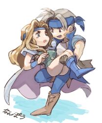 1boy 1girl armor artist_name blonde_hair blue_eyes blue_footwear blue_headband blue_pants blue_vest blush boots breasts brown_eyes brown_footwear brown_gloves cape carrying celes_chere chibi final_fantasy final_fantasy_vi full_body gloves green_leotard grey_cape grey_hair headband highres leotard locke_cole long_hair lower_teeth_only medium_breasts nanpou_(nanpou0021) open_mouth pants parted_bangs popped_collar princess_carry shirt short_hair shoulder_armor teeth thighs vest white_shirt