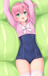 Rule 34 | 1girl, :d, aqua eyes, arms up, blue one-piece swimsuit, bow, bowtie, breasts, collarbone, covered navel, cowboy shot, crop top, cropped shirt, hair between eyes, hair ornament, highres, light blush, long sleeves, looking at viewer, lying, medium hair, on back, one-piece swimsuit, one side up, open mouth, original, pink hair, pink shirt, sailor collar, sasaame, school swimsuit, shirt, small breasts, smile, solo, star (symbol), star hair ornament, swimsuit, swimsuit under clothes, thigh gap, thighhighs, white bow, white bowtie, white sailor collar, white thighhighs