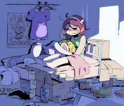 2girls ahoge alternate_costume bare_legs barefoot bed beer_can blanket blush bottle box brown_eyes brown_hair can cardboard_box character_name closed_eyes closed_mouth clothes_hanger drink_can godzilla_(series) hairband highres indoors jet_jaguar lying maribel_hearn moyazou_(kitaguni_moyashi_seizoujo) multiple_girls nose_blush on_side one_eye_closed open_mouth poster_(object) scissors short_hair sitting sleeping sleepwear sleeveless sweat tape touhou usami_renko