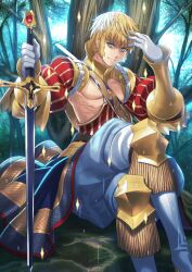 1boy against_tree aqua_eyes armor belt belt_buckle blonde_hair blue_pants blue_sash boots bracer buckle closed_mouth crossed_legs detached_sleeves durandal_(fate) fate/grand_order fate_(series) feet_out_of_frame fringe_trim game_cg gloves gold_armor hand_in_own_hair hand_on_own_forehead hand_up hands_up high_collar holding holding_sword holding_weapon leg_armor long_sleeves looking_at_viewer male_focus neck_armor no_shirt official_art pants pectorals puffy_pants puffy_sleeves red_sash red_sleeves roland_(fate) sakamoto_mineji sash short_hair shoulder_belt shoulder_sash sideburns sitting smile solo sparkle sword third-party_source toned toned_male tree waist_cape waist_sash weapon white_belt white_boots white_gloves