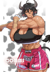 abs absurdres animal_ears black_hair boxing_shorts breasts commentary commission cow_ears cow_horns cow_tail ear_piercing english_commentary facial_scar highres horns huge_breasts muscular muscular_female original park_ongjol piercing pillarboxed scar scar_on_cheek scar_on_face short_hair shorts tail