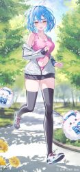 1girl :d ahoge black_thighhighs blue_hair breasts cleavage colored_tips copyright_notice elf flower grass hair_between_eyes hair_ornament heart heart_ahoge highres hololive jacket jogging long_sleeves looking_at_viewer midriff multicolored_hair navel off_shoulder official_art open_mouth outdoors partially_unzipped path pink_tank_top pointy_ears rin_yuu road shoes sky sleeves_past_wrists smile sneakers snowflake_hair_ornament solo tank_top thighhighs tree virtual_youtuber white_jacket white_sneakers yellow_eyes yukihana_lamy yukimin_(yukihana_lamy) zipper