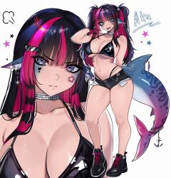 1girl absurdres adramallih anchor_ornament anger_vein animal_ear_piercing animal_ears arm_behind_back bare_arms bare_legs bare_shoulders bikini bikini_under_shorts bikini_visible_through_clothes black_bikini black_hair black_shoes blue_eyes breasts chain choker cleavage collarbone contrapposto exposed_pocket facial_mark fins fish_tail gills hair_between_eyes hair_ornament hairclip hand_in_own_hair heart heart_facial_mark heart_hair_ornament highres large_breasts licking_lips long_hair looking_at_viewer mark_under_both_eyes micro_shorts multicolored_hair multiple_views navel original outline piercing pink_hair puff_of_air shark_tail sharp_teeth shoes shorts simple_background star_(symbol) star_facial_mark stomach streaked_hair swimsuit tail tail_ornament tail_piercing teeth thick_thighs thighs tongue tongue_out twintails white_background white_outline