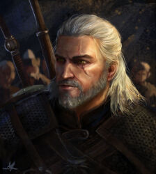 Rule 34 | 1boy, armor, beard, blurry, blurry background, depth of field, facial hair, geralt of rivia, highres, masha borisova, portrait, scar, scar across eye, scar on face, solo focus, sword, sword on back, the witcher (series), the witcher 3, weapon, weapon on back, white hair, yellow eyes