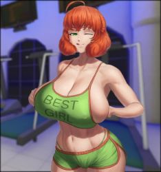 1girl :d ahoge animated areola_slip bare_shoulders bouncing_breasts breasts cleavage collarbone covered_erect_nipples curly_hair freckles green_eyes huge_breasts hybrid_animation looking_at_viewer midriff navel one_eye_closed open_mouth orange_hair penny_polendina rwby shiny_skin short_hair short_shorts shorts sideboob skindentation smile solo sports_bra sportswear standing stomach superbusty third-party_edit thong tongue treadmill video