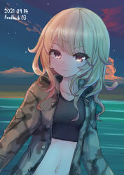 1girl absurdres black_shirt blonde_hair brown_eyes brown_jacket closed_mouth cloud collarbone commentary_request crop_top dated flank highres jacket medium_hair navel open_clothes open_jacket original rono_(flank) shirt smile solo