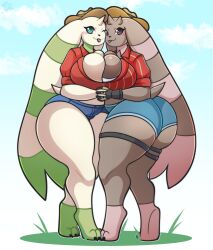 2girls breasts digimon digimon_(creature) furry gloves grass hat horns looking_at_viewer lopmon multiple_girls rudytheshark terriermon
