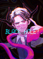Rule 34 | 1boy, 6429osushi, black background, black jacket, blue shirt, brown hair, cobra (animal), english text, evol blackhole, evolto, isurugi souichi, jacket, kamen rider, kamen rider build (series), looking at viewer, male focus, pink pupils, pink scales, red eyes, see-through clothes, see-through headwear, shirt, short hair, smirk, solo, tokusatsu, upper body