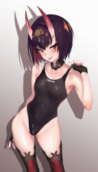 1girl black_gloves black_one-piece_swimsuit black_thighhighs blush bob_cut breasts collarbone competition_swimsuit covered_navel cum cum_on_body detached_collar eyeliner facial fang fate/grand_order fate_(series) fingerless_gloves gloves gradient_background headpiece highleg highleg_one-piece_swimsuit highres horns looking_at_viewer makeup nail_polish one-piece_swimsuit oni open_mouth pink_nails purple_eyes purple_hair shadow short_eyebrows short_hair shuten_douji_(fate) skin-covered_horns small_breasts smile solo strap_pull swimsuit thighhighs thighs tongue tongue_out two-tone_swimsuit ulrich_(tagaragakuin)