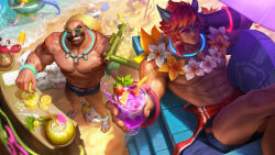 Rule 34 | 2boys, abs, absurdres, animal ears, anklet, arm tattoo, armband, bar (place), beach, beard, biceps, black male swimwear, black swim briefs, blue male swimwear, blue swim briefs, bracelet, braum (league of legends), cat ears, character request, check character, closed eyes, coconut, collar, crab, crossed legs, drink, drinking straw, elbow gloves, facial hair, flower, flower collar, food, from above, fruit, glasses, gloves, highres, ina wong, jewelry, knife, large pectorals, league of legends, lemon, lemon slice, lifeguard, lifeguard chair, male focus, male swimwear, manly, mature male, multiple boys, muscular, muscular arms, muscular male, mustache, navel, ocean, official art, pectorals, pool party braum, pool party sett, pool party zoe, popsicle, poro (league of legends), red eyes, sand, sandals, sett (league of legends), sitting, skirt, smile, strawberry, swim briefs, swimsuit, tattoo, thick eyebrows, thighs, topless male, visor cap, whistle, whistle around neck, zoe (league of legends)