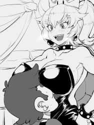 1boy 1girl armlet bare_shoulders blush bowsette bracelet breast_rest breast_smother breasts breasts_on_head breath collar collarbone crown dress earrings face_to_breasts facial_hair greyscale hair_between_eyes hand_on_own_hip height_difference high_ponytail highres huge_breasts jewelry long_hair looking_at_another mario mario_(series) monochrome mustache new_super_mario_bros._u_deluxe nintendo nuebiimu open_mouth ponytail sharp_teeth short_hair sketch smile smother strapless strapless_dress super_crown sweat teeth turtle_shell v-shaped_eyebrows
