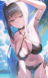1girl absurdres alternate_costume arm_up armpits bikini black_bikini black_choker black_hair blue_archive blue_eyes blue_hair blush breasts choker cleavage cloud cloudy_sky colored_inner_hair cowboy_shot criss-cross_halter day domi_(hongsung0819) halo halterneck highres large_breasts long_hair looking_at_viewer multicolored_hair navel ocean outdoors parted_lips ponytail saori_(blue_archive) side-tie_bikini_bottom sidelocks sky solo stomach swimsuit tree white_halo