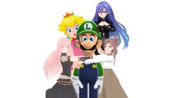 1boy 3d 4girls bishoujo_senshi_sailor_moon blonde_hair blue_hair blush breasts brown_hair cleavage crown dot_nose earrings eyebrows green_eyes hair_bobbles hair_ornament harem heart heart-shaped_pupils hug jewelry kino_makoto large_breasts lips long_hair luigi mario_(series) megurine_luka multiple_girls netorare nintendo parted_lips pimp pink_hair ponytail princess_peach simple_background smile super_mario_bros._1 symbol-shaped_pupils vocaloid
