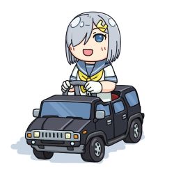 1girl blue_eyes car commentary_request driving grey_sailor_collar hair_ornament hair_over_one_eye hairclip hama!_(3toshinhmkz) hamakaze_(kancolle) hummer hummer_h2 kantai_collection motor_vehicle neckerchief no_nose sailor_collar school_uniform serafuku short_hair silver_hair simple_background solo sports_utility_vehicle vehicle_focus white_background yellow_neckerchief