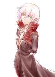 1boy brown_coat closed_mouth coat commentary_request cowboy_shot cross cross_necklace expressionless green_eyes hair_between_eyes jewelry long_sleeves looking_afar male_focus multicolored_coat necklace priest_(ragnarok_online) ragnarok_online red_coat short_hair simple_background solo two-tone_coat white_background white_hair yukimushi