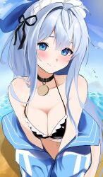 1girl absurdres ahoge anchor_(innocent_maid)_(nikke) anchor_(nikke) bare_shoulders bikini black_bikini black_choker blue_eyes blue_hair blue_jacket blush breasts choker cleavage goddess_of_victory:_nikke hat highres jacket jacket_partially_removed kopepan_(kopepann11) looking_at_viewer medium_breasts multicolored_bikini outdoors smile solo swimsuit two-tone_bikini