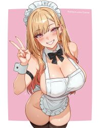 1girl absurdres apron arm_strap barbell_piercing black_bow black_bowtie black_thighhighs blonde_hair blush border bow bowtie breasts cleavage ear_piercing earrings gradient_hair highres industrial_piercing jewelry kitagawa_marin large_breasts long_hair looking_at_viewer maid_apron maid_headdress multicolored_hair naked_apron piercing pink_background pink_eyes reus_(cetta) simple_background solo sono_bisque_doll_wa_koi_wo_suru thighhighs thighs v very_long_hair white_border wrist_cuffs