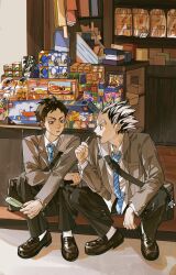 2boys akaashi_keiji bag black_hair black_pants blue_necktie bokuto_koutarou box breast_pocket buttons candy charm_(object) collared_shirt diagonal-striped_clothes diagonal-striped_necktie eco6716 elbow_on_knee eye_contact food grey_eyes grey_hair grey_jacket haikyuu!! hair_slicked_back highres holding holding_food holding_ice_cream ice_cream ice_cream_bar jacket lapels layered_sleeves lollipop long_sleeves looking_at_another male_focus multicolored_hair multiple_boys necktie notched_lapels open_clothes open_jacket open_mouth pants pocket rubber_duck shirt shoulder_bag snack squatting striped_clothes striped_necktie teeth upper_teeth_only white_shirt wing_collar score:0 rating:general Rule 34 | 2boys, akaashi keiji, bag, black hair, black pants, blue necktie, bokuto koutarou, box, breast pocket, buttons, candy, charm (object), collared shirt, diagonal-striped clothes, diagonal-striped necktie, eco6716, elbow on knee, eye contact, food, grey eyes, grey hair, grey jacket, haikyuu!!, hair slicked back, highres, holding, holding food, holding ice cream, ice cream, ice cream bar, jacket, lapels, layered sleeves, lollipop, long sleeves, looking at another, male focus, multicolored hair, multiple boys, necktie, notched lapels, open clothes, open jacket, open mouth, pants, pocket, rubber duck, shirt, shoulder bag, snack, squatting, striped clothes, striped necktie, teeth, upper teeth only, white shirt, wing collar