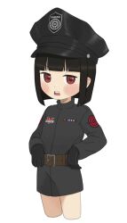 1984_(novel) 1girl black_cat03 black_dress black_gloves black_hair bob_cut brown_eyes child commentary cropped_legs dress emblem english_commentary gloves hat highres open_mouth original police police_hat police_uniform short_dress solo