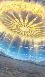 blue_sky cloud commentary_request day dutch_angle fate/grand_order fate_(series) game_cg glowing lasengle magic mountain mountainous_horizon official_art outdoors sky sunlight third-party_source