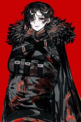 1girl binah_(project_moon) black_coat black_dress black_eyes black_hair blonde_hair blood blood_on_clothes bngb_love coat coat_on_shoulders colored_inner_hair cowboy_shot dress earrings fur-trimmed_coat fur_trim highres jewelry library_of_ruina lobotomy_corporation long_sleeves looking_at_viewer mole mole_under_eye multicolored_hair project_moon red_background short_hair simple_background smile solo standing straitjacket