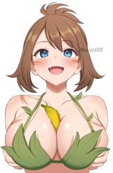 1girl banana between_breasts blue_eyes breasts brown_hair cleavage commentary_request creatures_(company) food fruit game_freak highres large_breasts looking_at_viewer may_(pokemon) motion_lines nintendo pokemon pokemon_adventures sexually_suggestive short_hair simple_background solon surippa1010 twitter_username upper_body white_background