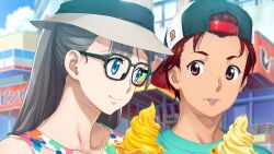 Rule 34 | 1boy, 1girl, arm hug, beret, black-framed eyewear, blue eyes, blurry, blurry background, collarbone, dress, expressionless, fedora, food, from side, fukuda tomonori, game cg, glasses, grey hair, hair between eyes, hat, highres, holding, holding food, holding ice cream, ice cream, long hair, looking at another, official art, open mouth, red eyes, red hair, robotics;notes, robotics;notes dash, shiny eyes, shirt, short hair, smile, sundress, sunlight, swept bangs, t-shirt, teeth, tongue, tongue out, upper teeth only, watch, white dress, white hat, white shirt, wristwatch, yashio kaito, yukifune airi