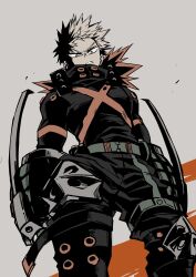 1boy bakugou_katsuki belt black_belt black_boots black_pants blonde_hair boku_no_hero_academia boots buckle chiyaya clenched_teeth explosive feet_out_of_frame glaring gloves grenade grey_background highres limited_palette looking_down male_focus orange_eyes pants shirt short_hair snap-fit_buckle solo standing superhero_costume teeth v-shaped_eyebrows